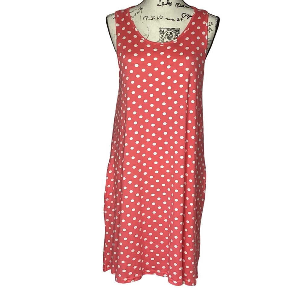 NEW Doublju Sleeveless Tee Shirt Swing Dress Polka Dots Peach Pockets Sz Medium